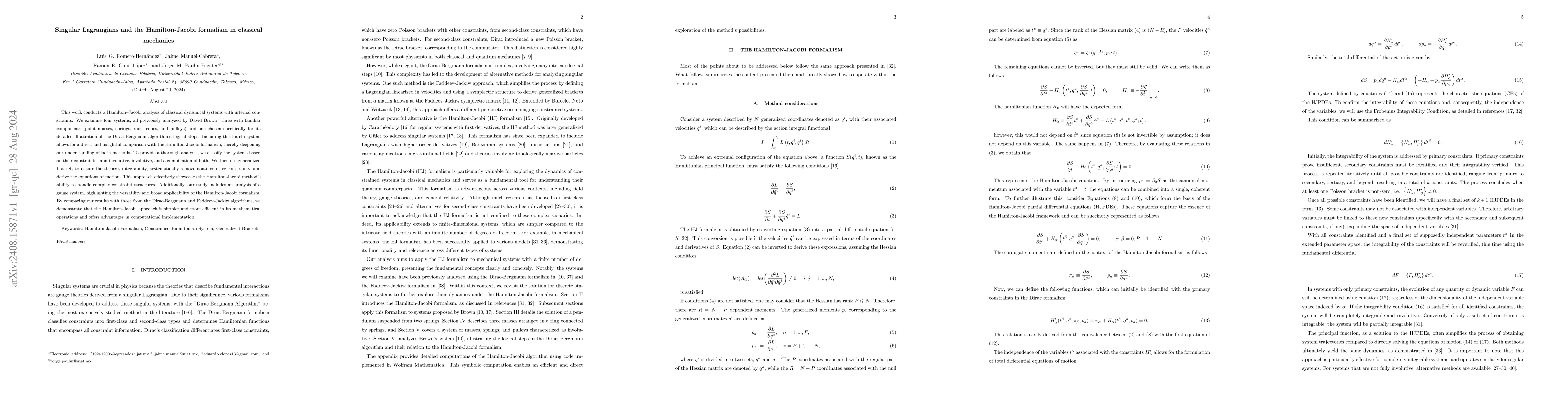 Thumbnail for Singular lagrangians and the Hamilton-Jacobi formalism in classical
  mechanics