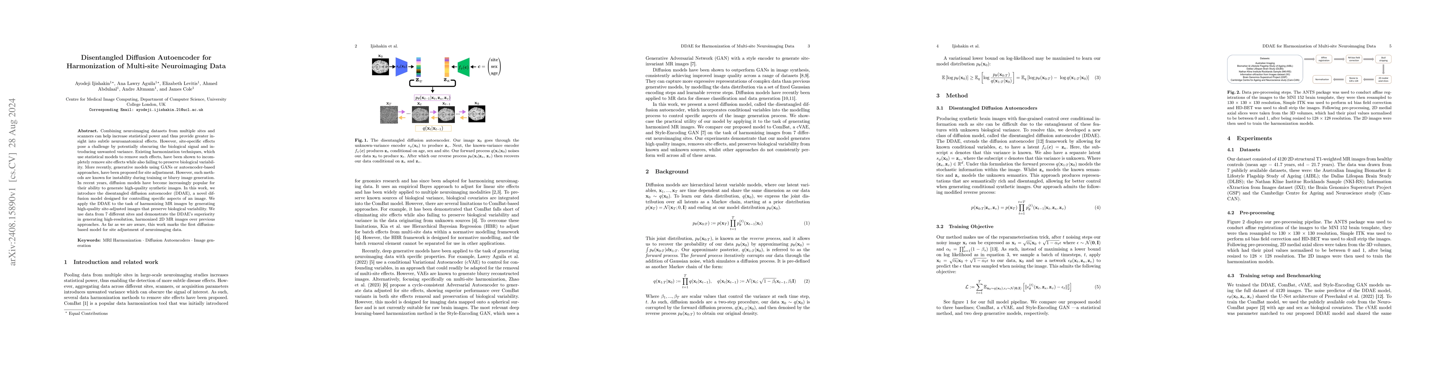 Thumbnail for Disentangled Diffusion Autoencoder for Harmonization of Multi-site
  Neuroimaging Data