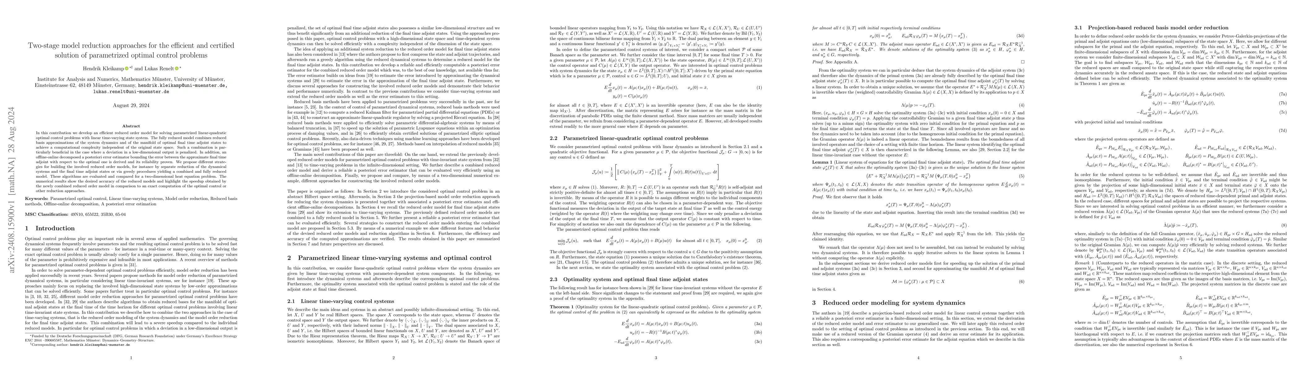 Thumbnail for Two-stage model reduction approaches for the efficient and certified
  solution of parametrized optimal control problems