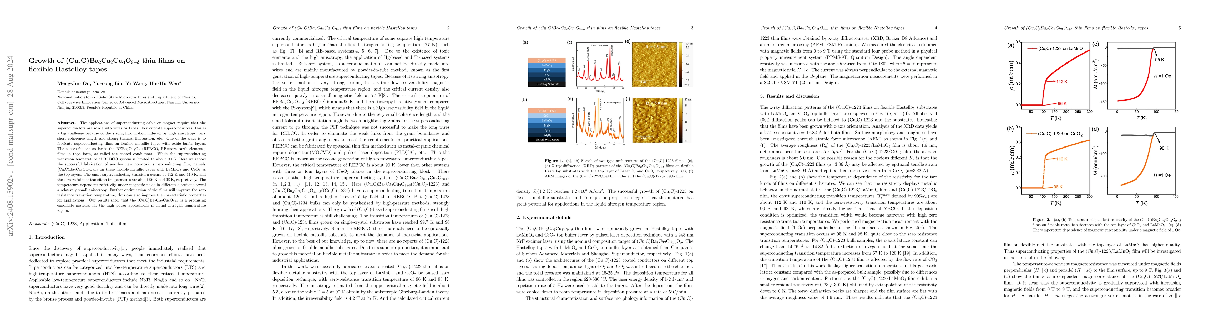 Thumbnail for Growth of (Cu,C)Ba$_{2}$Ca$_{2}$Cu$_3$O$_{9+δ}$ thin films on
  flexible Hastelloy tapes