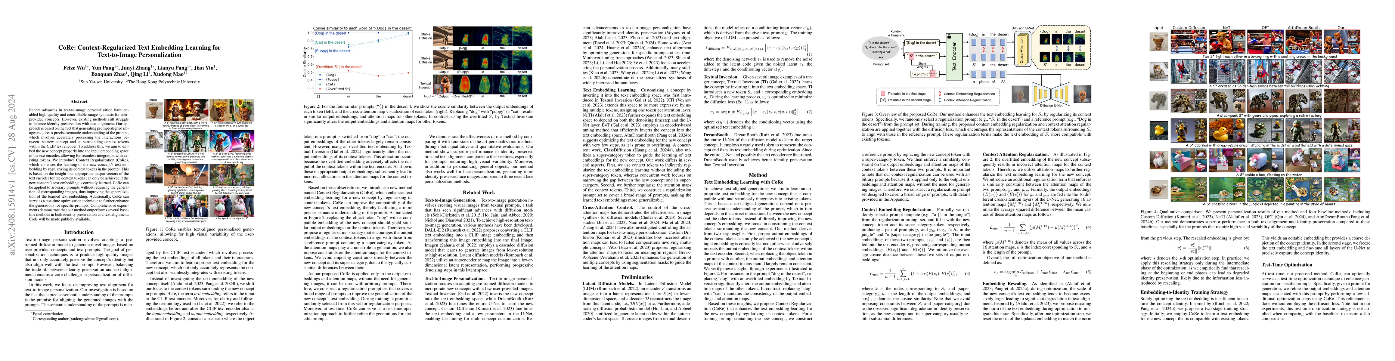 Thumbnail for CoRe: Context-Regularized Text Embedding Learning for Text-to-Image
  Personalization