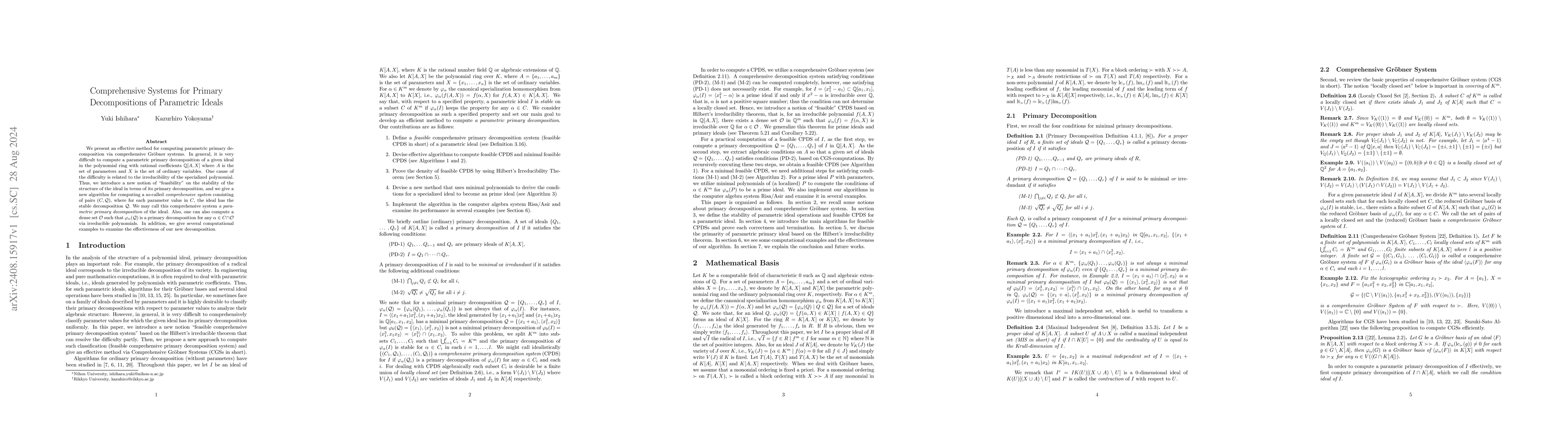 Thumbnail for Comprehensive Systems for Primary Decompositions of Parametric Ideals