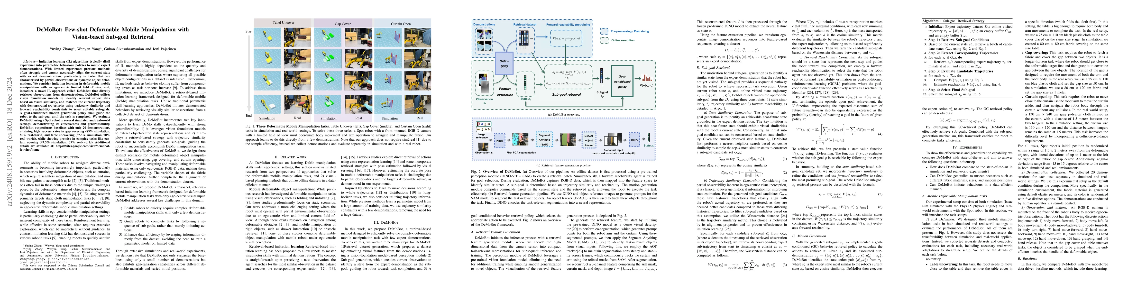 Thumbnail for DeMoBot: Deformable Mobile Manipulation with Vision-based Sub-goal
  Retrieval