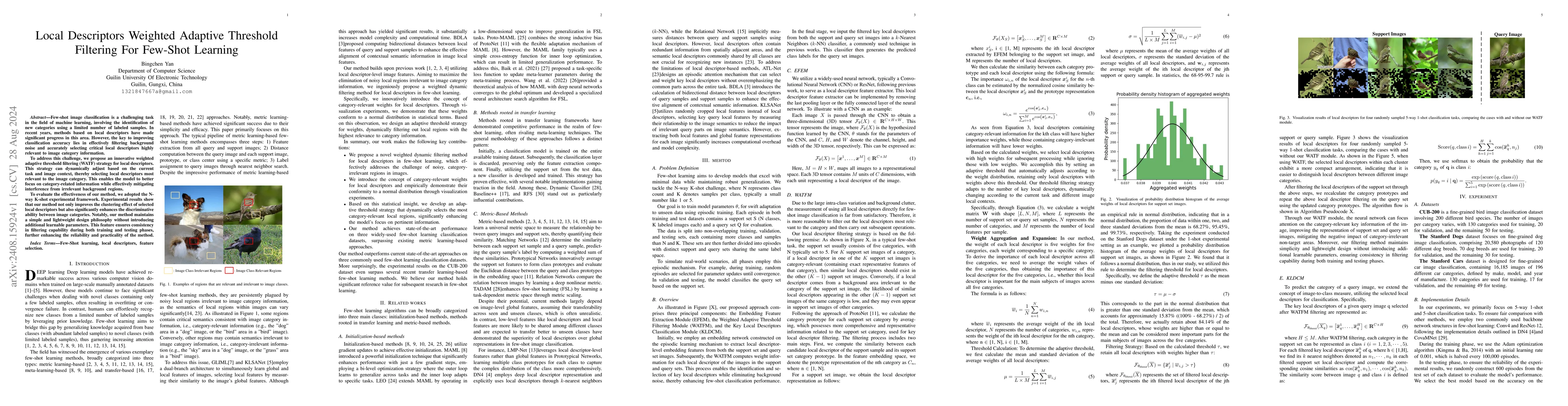 Thumbnail for Local Descriptors Weighted Adaptive Threshold Filtering For Few-Shot
  Learning