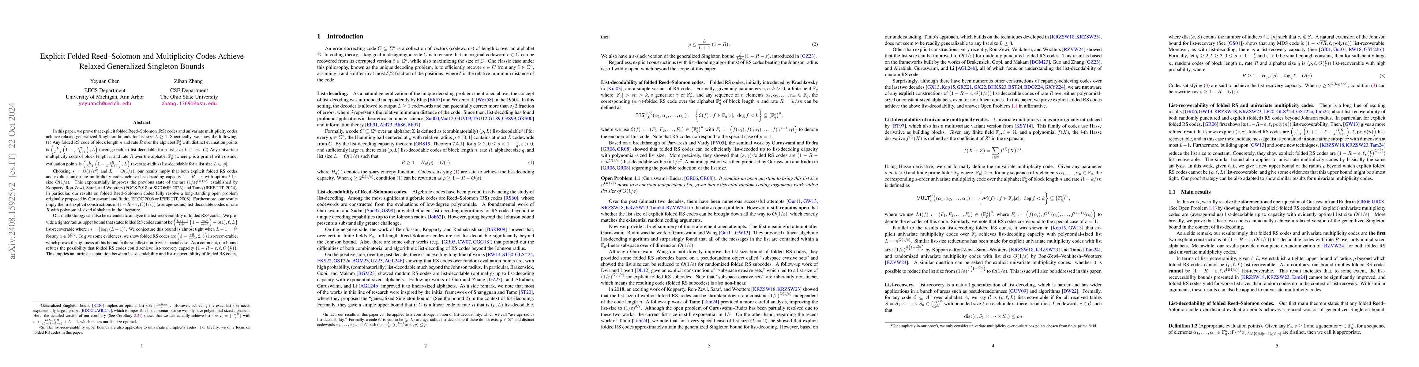 Thumbnail for Explicit Folded Reed-Solomon and Multiplicity Codes Achieve Relaxed
  Generalized Singleton Bounds