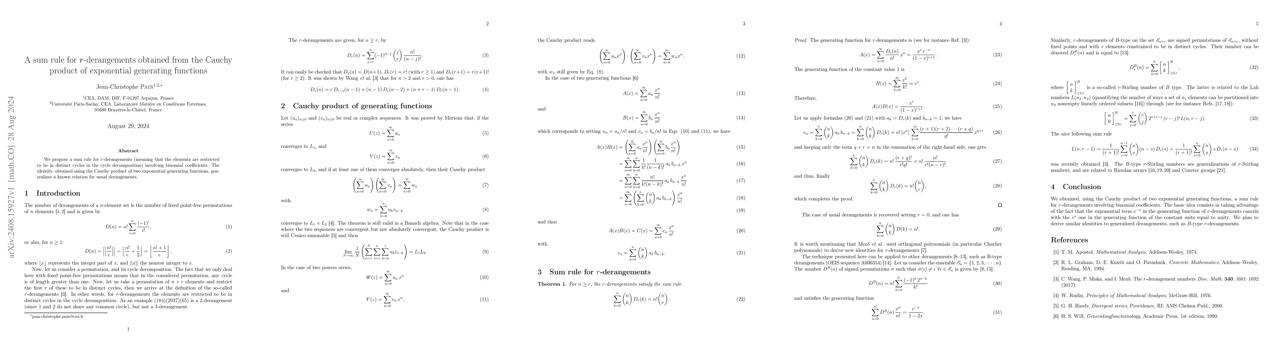 Thumbnail for A sum rule for $r$-derangements obtained from the Cauchy product of
  exponential generating functions
