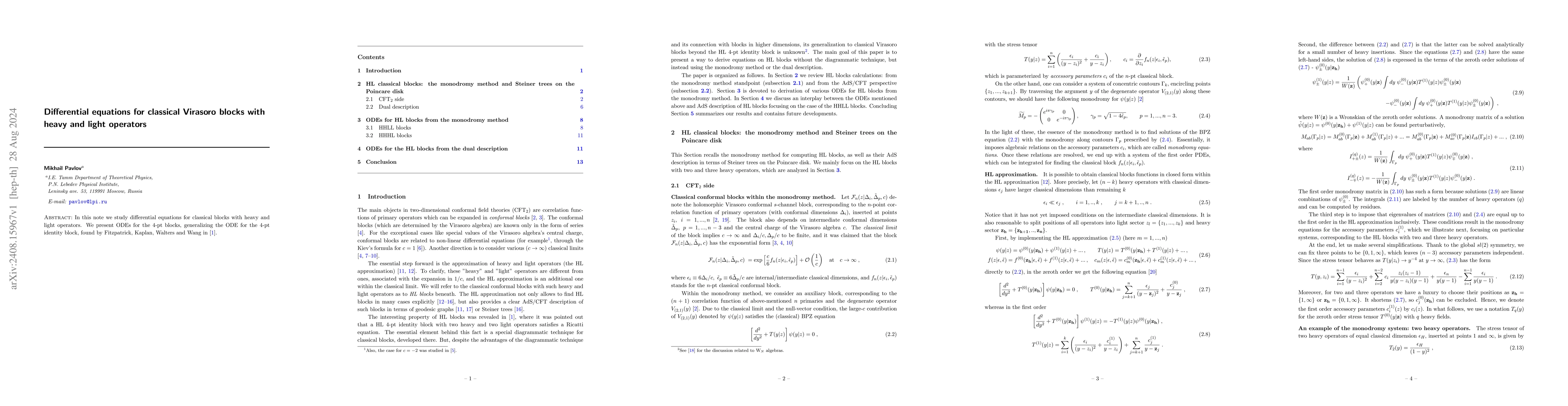 Thumbnail for Differential equations for classical Virasoro blocks with heavy and
  light operators