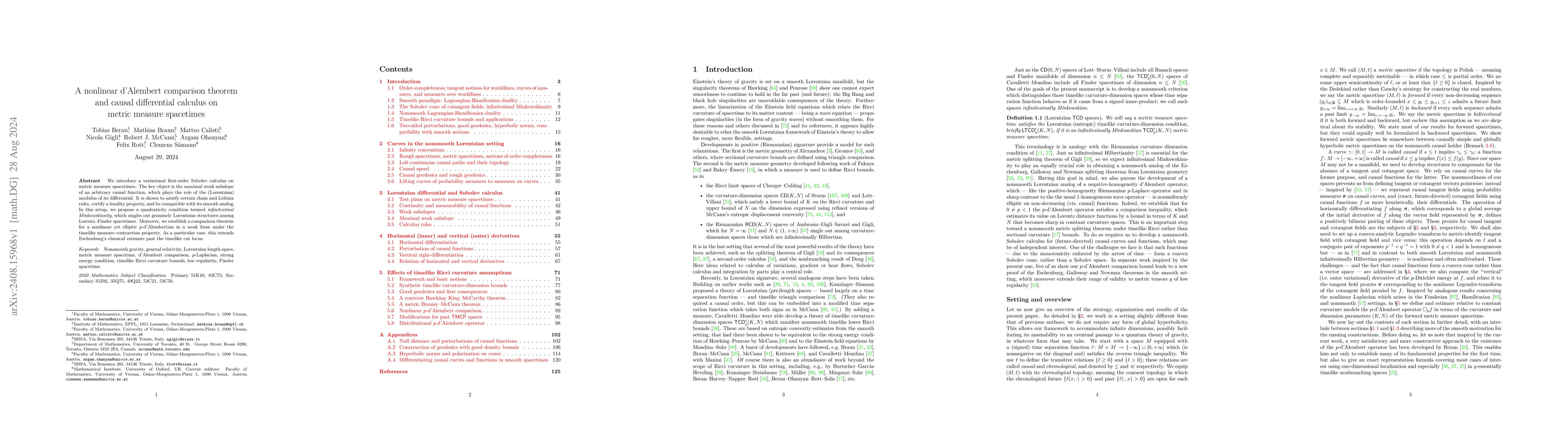 Thumbnail for A nonlinear d'Alembert comparison theorem and causal differential
  calculus on metric measure spacetimes
