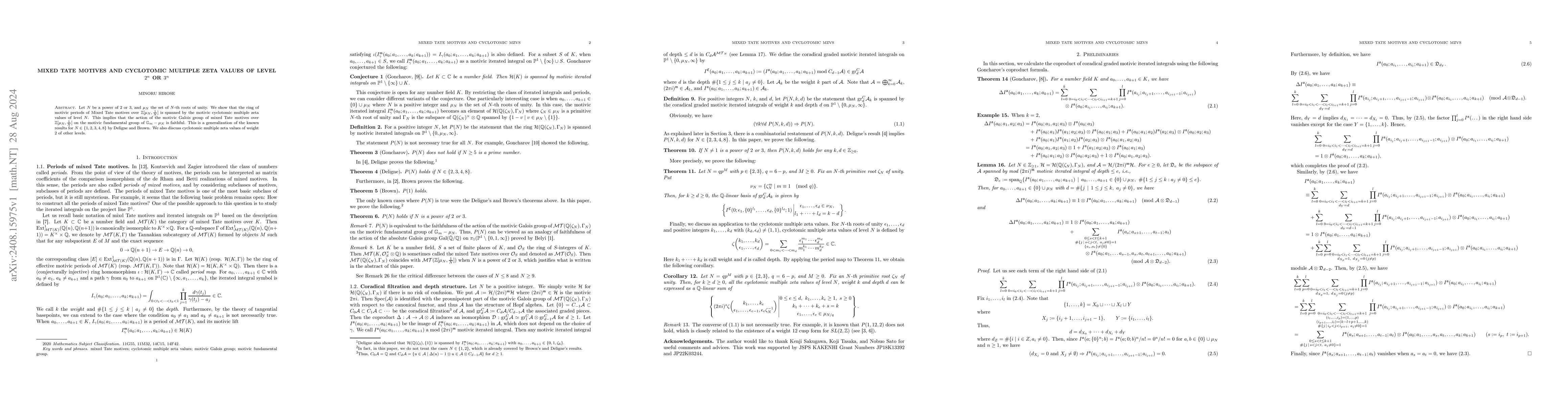 Thumbnail for Mixed Tate motives and cyclotomic multiple zeta values of level $2^n$ or
  $3^n$