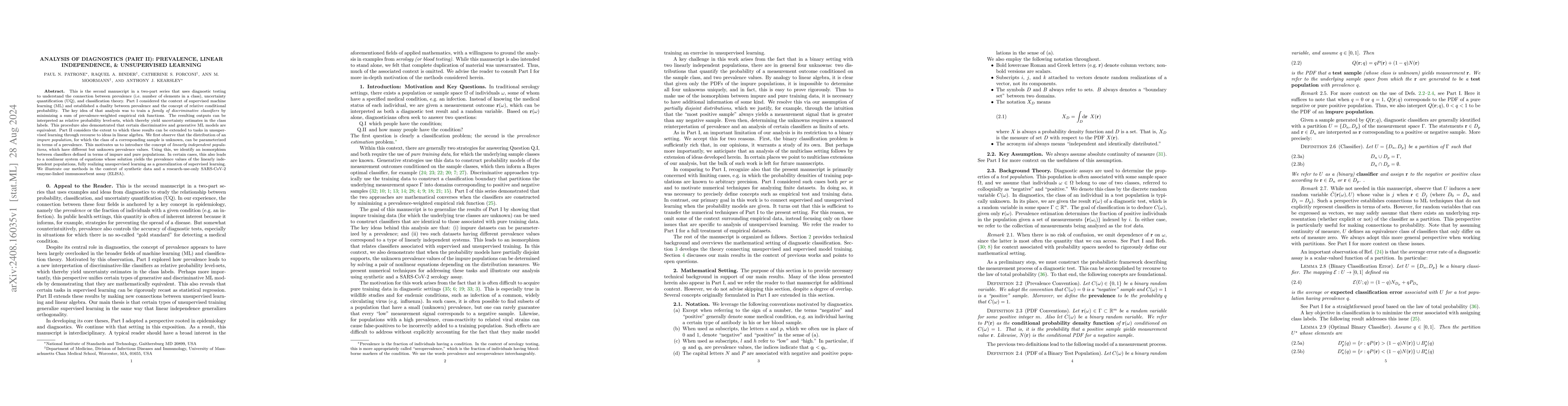 Thumbnail for Analysis of Diagnostics (Part II): Prevalence, Linear Independence, and
  Unsupervised Learning