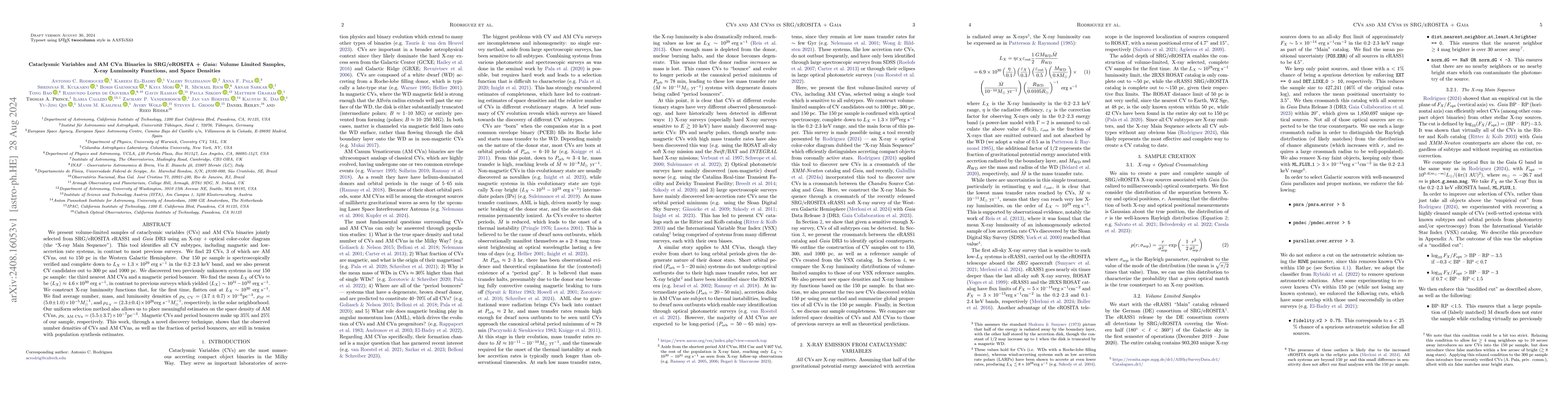 Thumbnail for Cataclysmic Variables and AM CVn Binaries in SRG/eROSITA + Gaia: Volume
  Limited Samples, X-ray Luminosity Functions, and Space Densities