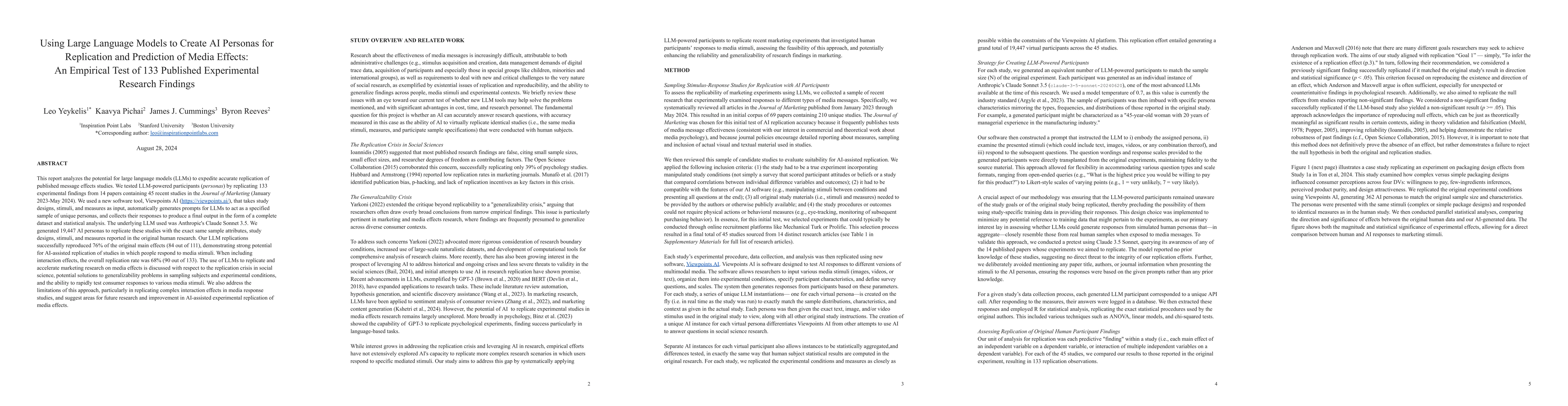 Thumbnail for Using Large Language Models to Create AI Personas for Replication and
  Prediction of Media Effects: An Empirical Test of 133 Published Experimental
  Research Findings