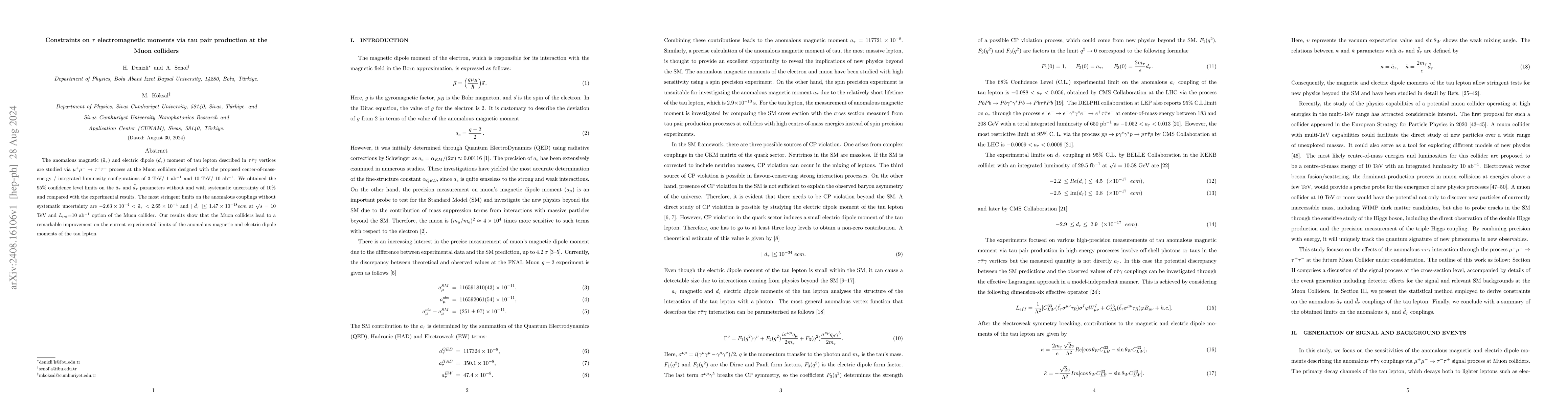 Thumbnail for Constraints on $τ$ electromagnetic moments via tau pair production at
  the Muon colliders