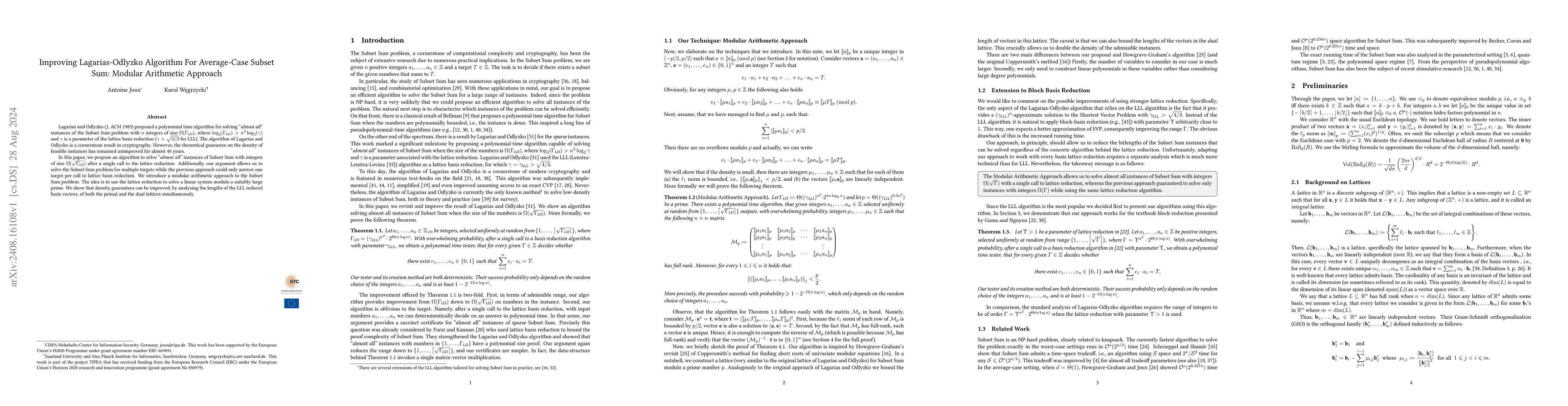 Thumbnail for Improving Lagarias-Odlyzko Algorithm For Average-Case Subset Sum:
  Modular Arithmetic Approach