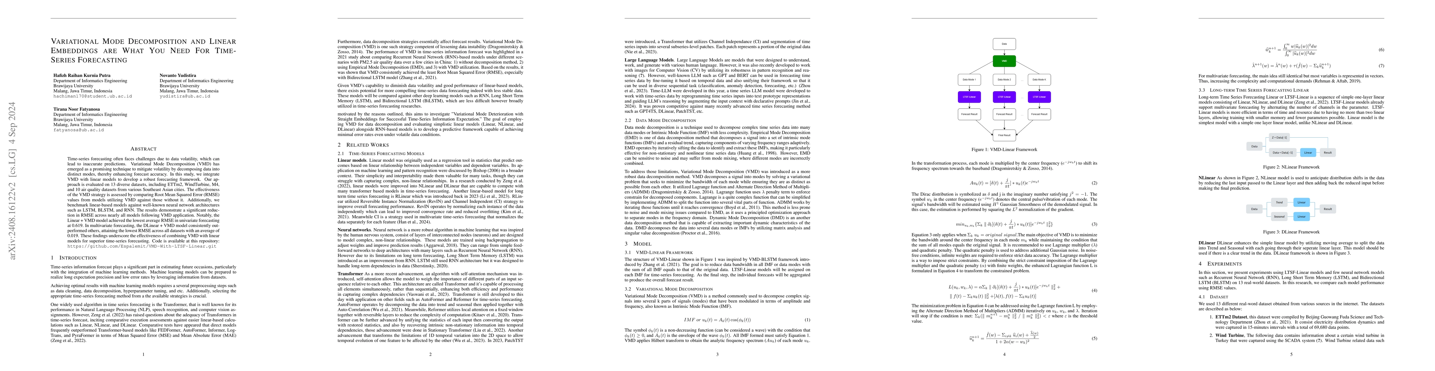 Thumbnail for Variational Mode Decomposition and Linear Embeddings are What You Need
  For Time-Series Forecasting