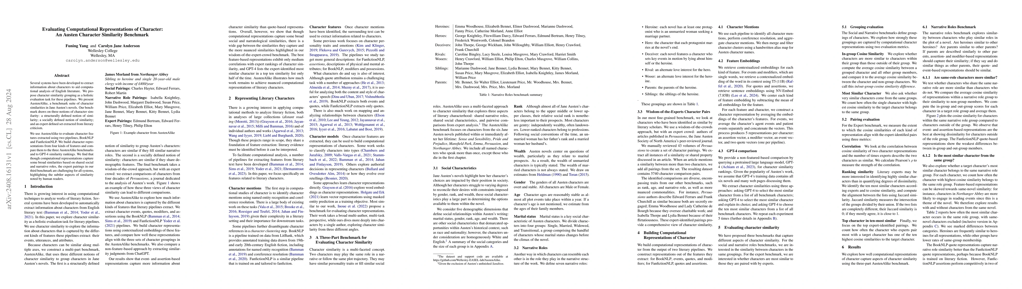 Thumbnail for Evaluating Computational Representations of Character: An Austen
  Character Similarity Benchmark