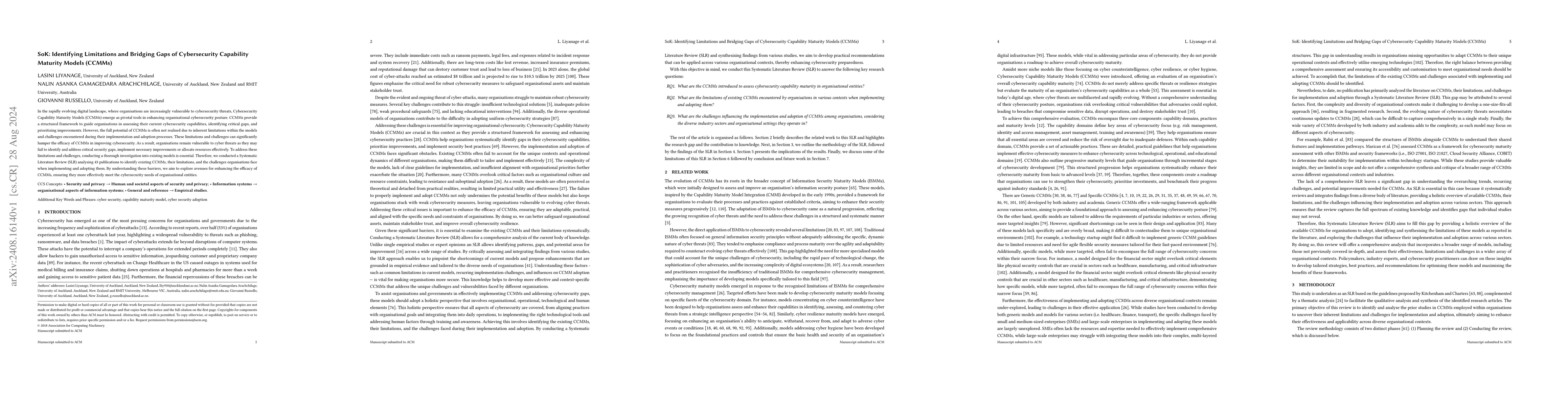 Thumbnail for SoK: Identifying Limitations and Bridging Gaps of Cybersecurity
  Capability Maturity Models (CCMMs)