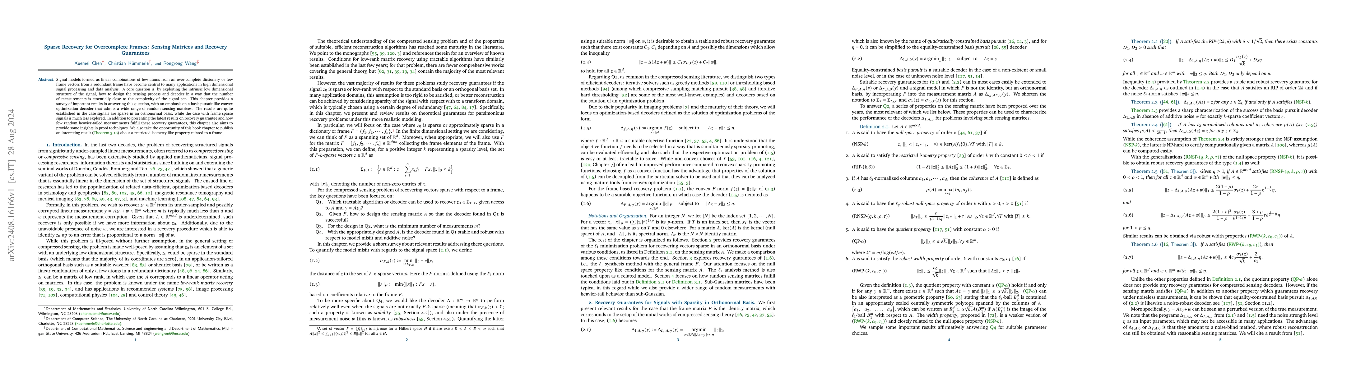 Thumbnail for Sparse Recovery for Overcomplete Frames: Sensing Matrices and Recovery
  Guarantees