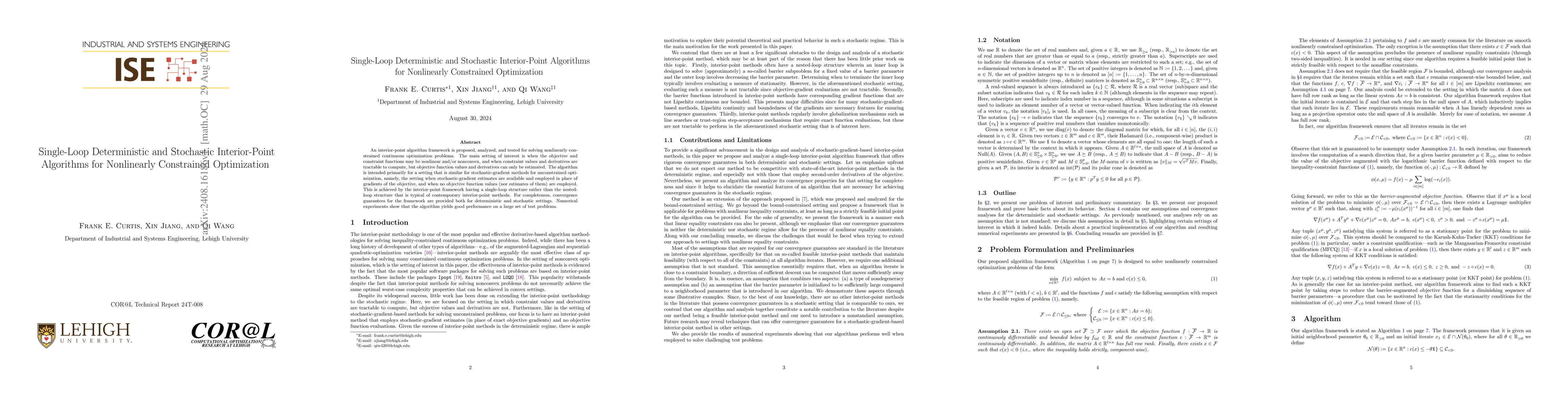 Thumbnail for Single-Loop Deterministic and Stochastic Interior-Point Algorithms for
  Nonlinearly Constrained Optimization