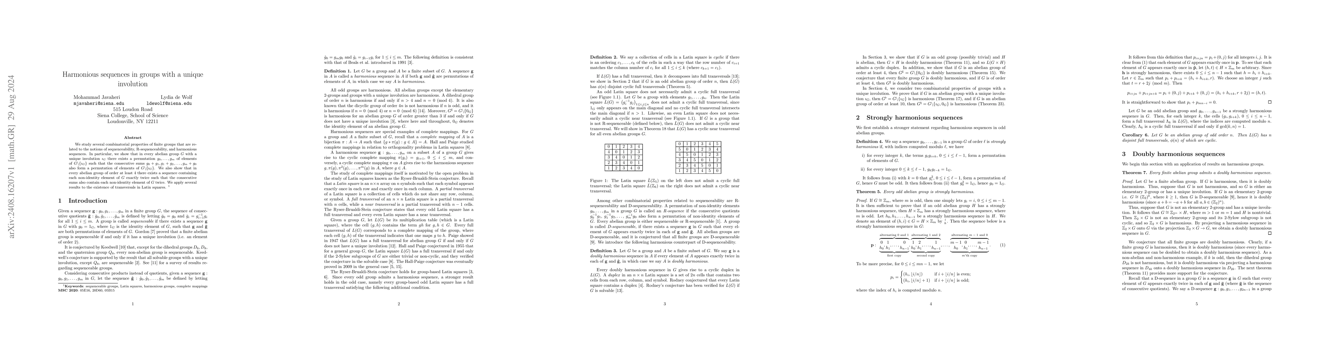 Thumbnail for Harmonious sequences in groups with a unique involution