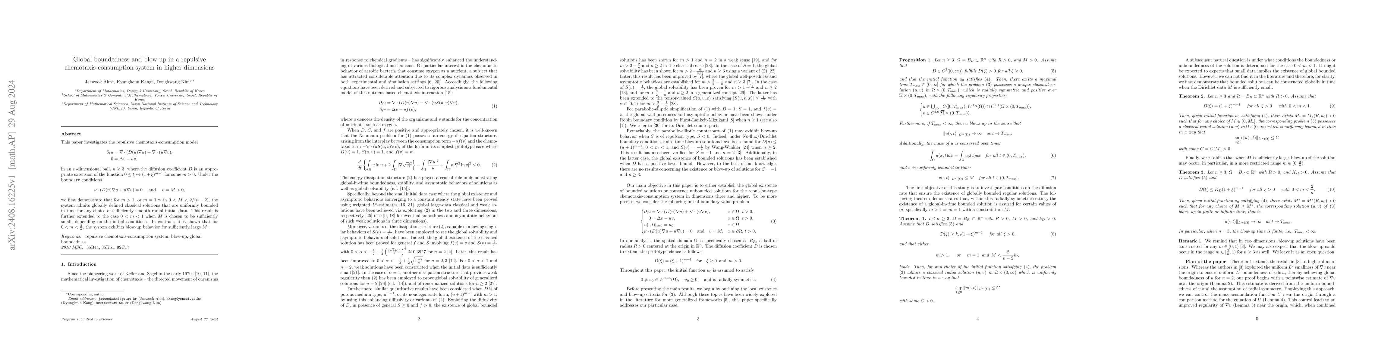 Thumbnail for Global boundedness and blow-up in a repulsive chemotaxis-consumption
  system in higher dimensions