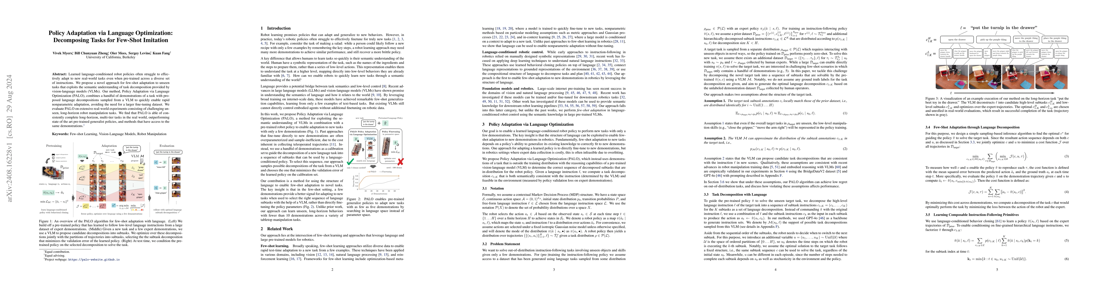 Thumbnail for Policy Adaptation via Language Optimization: Decomposing Tasks for
  Few-Shot Imitation