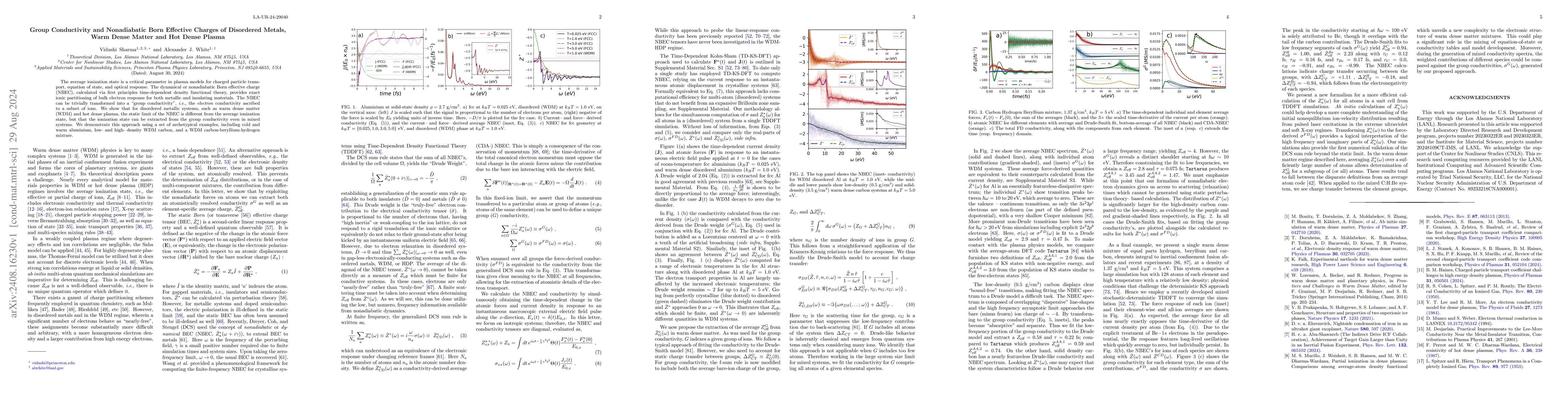 Thumbnail for Group Conductivity and Nonadiabatic Born Effective Charges of Disordered
  Metals, Warm Dense Matter and Hot Dense Plasma
