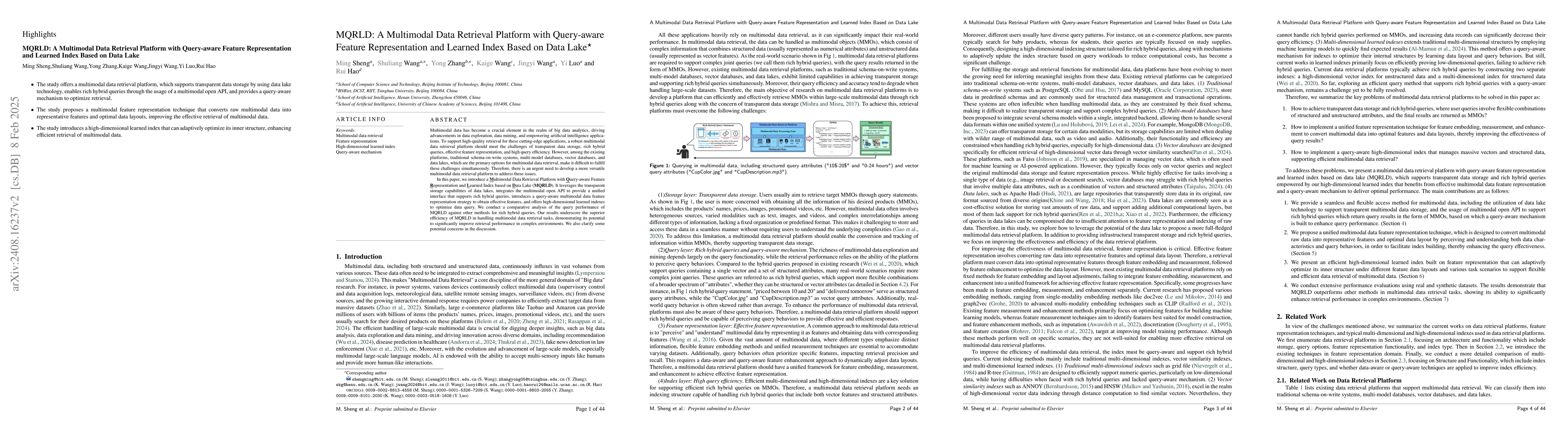Thumbnail for MQRLD: A Multimodal Data Retrieval Platform with Query-aware Feature
  Representation and Learned Index Based on Data Lake
