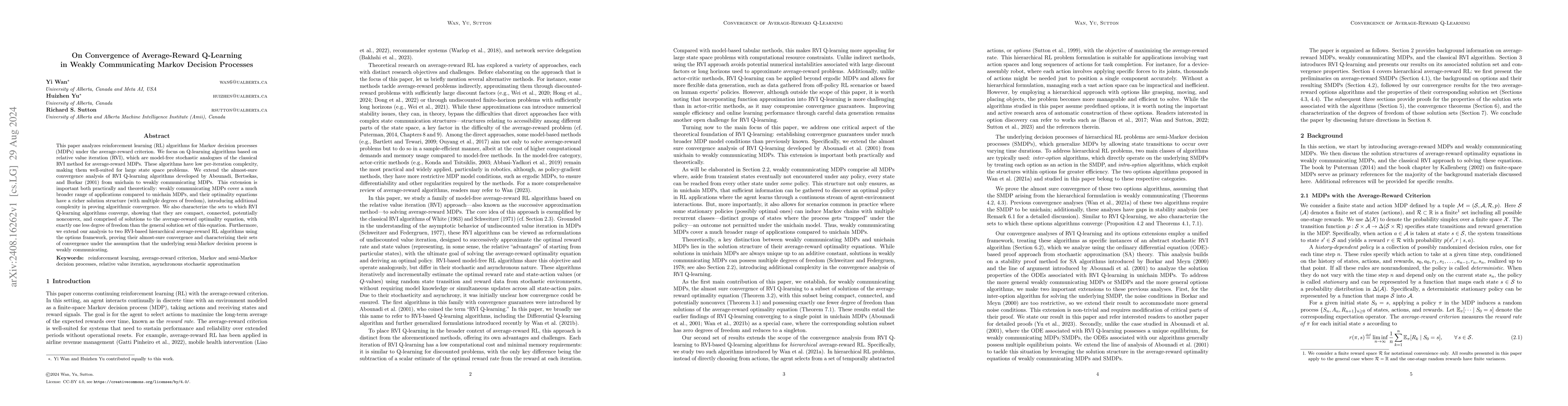 Thumbnail for On Convergence of Average-Reward Q-Learning in Weakly Communicating
  Markov Decision Processes