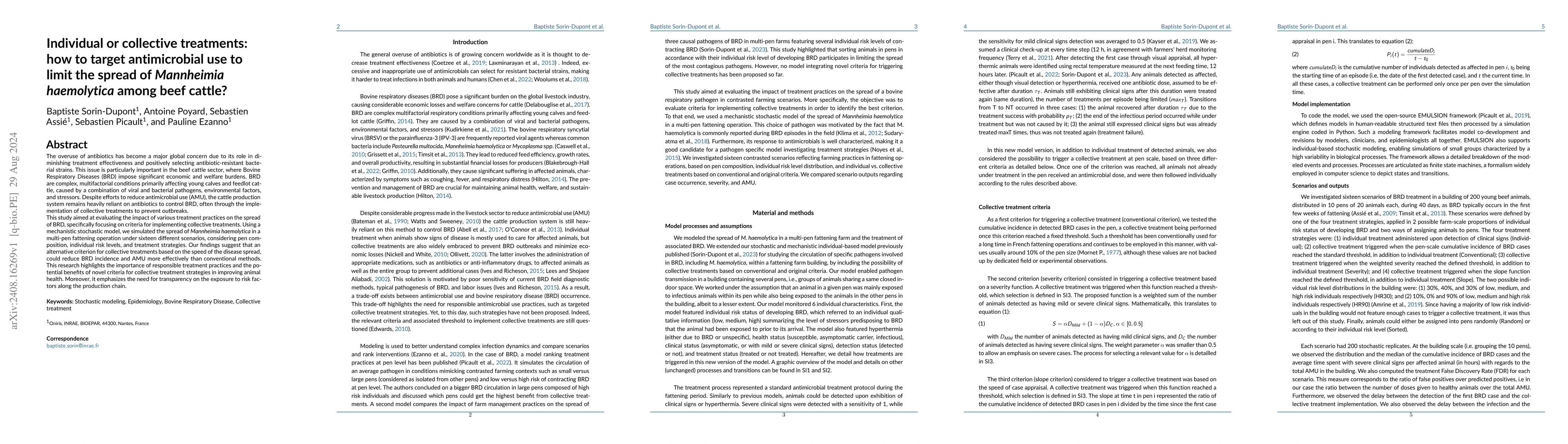 Thumbnail for Individual or collective treatments: how to target antimicrobial use to
  limit the spread of respiratory pathogens among beef cattle?