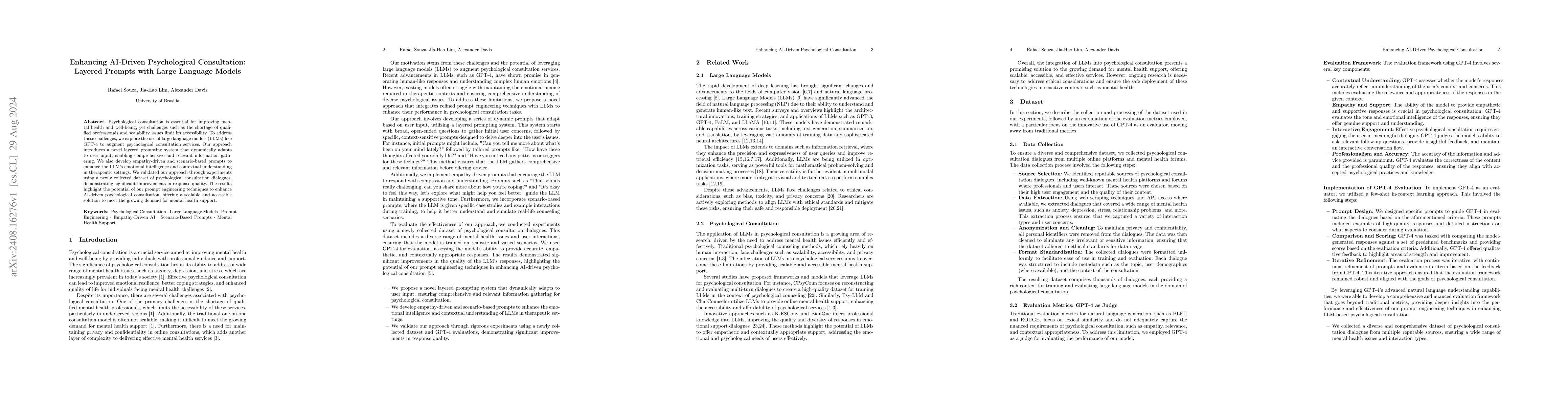 Thumbnail for Enhancing AI-Driven Psychological Consultation: Layered Prompts with
  Large Language Models