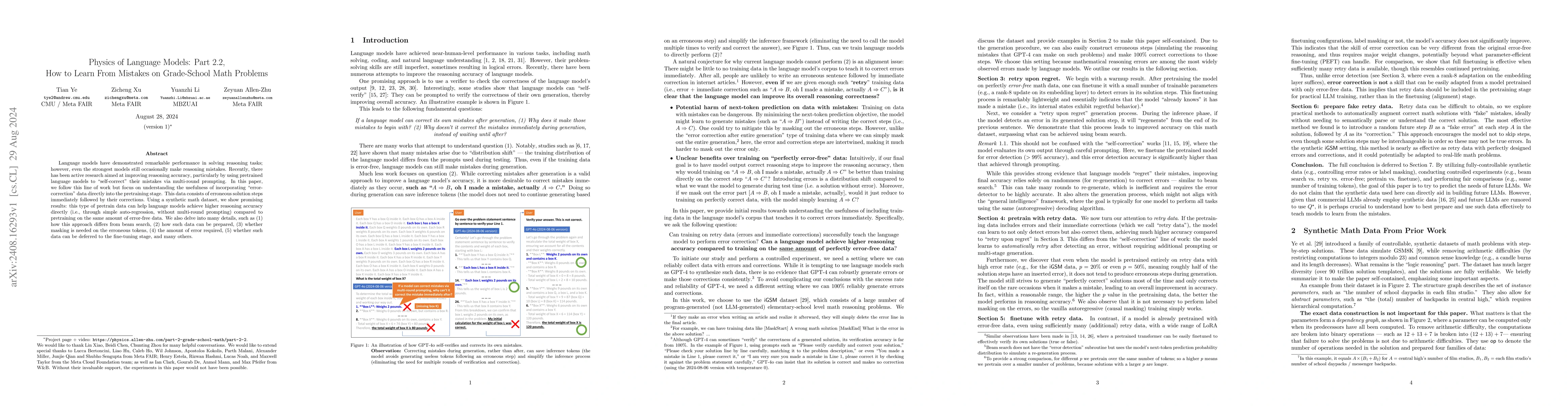 Thumbnail for Physics of Language Models: Part 2.2, How to Learn From Mistakes on
  Grade-School Math Problems