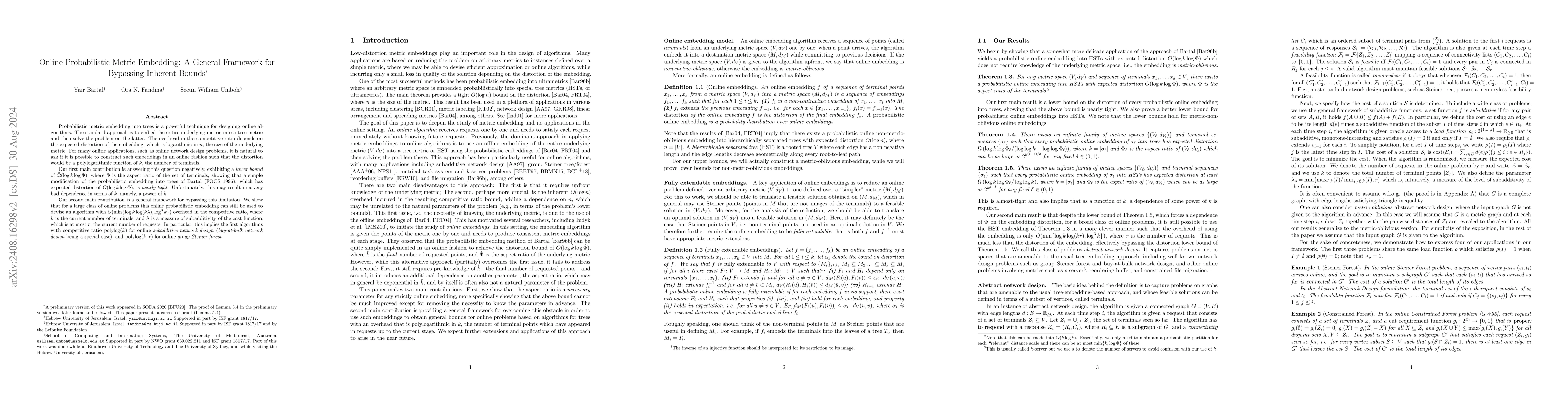 Thumbnail for Online Probabilistic Metric Embedding: A General Framework for Bypassing
  Inherent Bounds