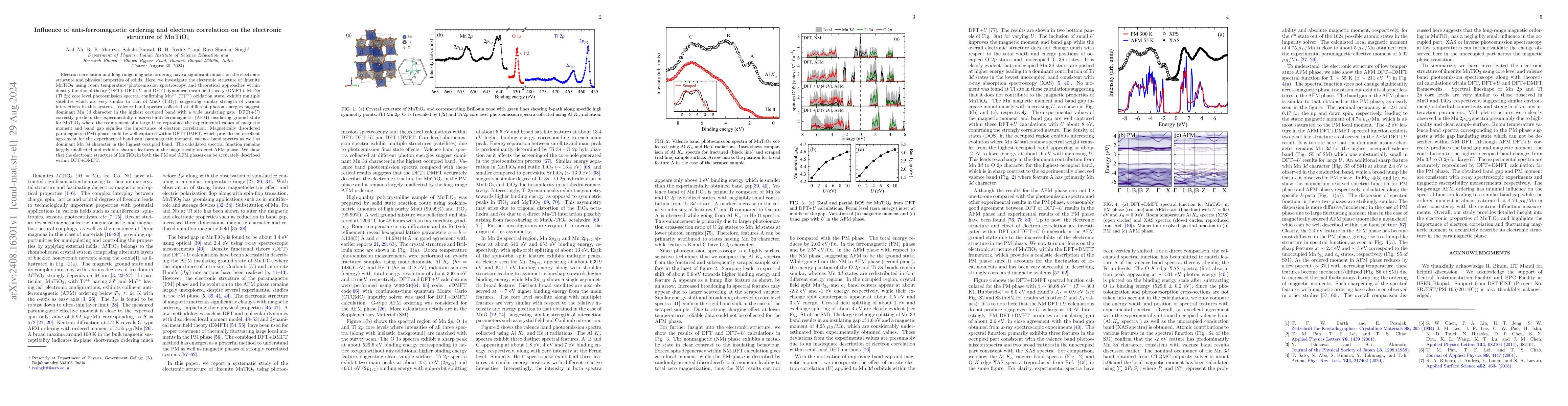Thumbnail for Influence of anti-ferromagnetic ordering and electron correlation on the
  electronic structure of MnTiO$_3$