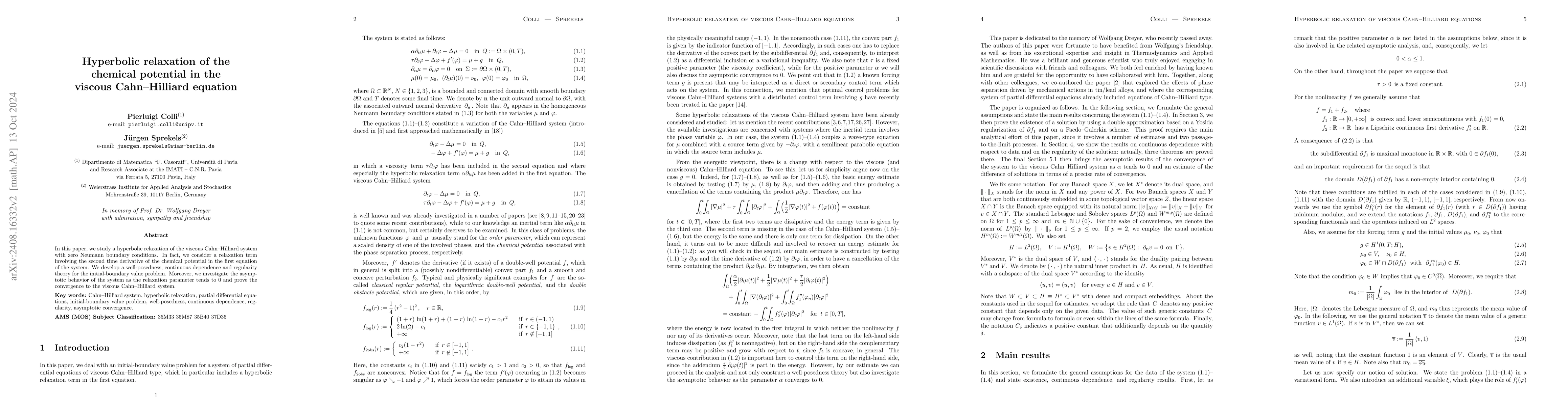 Thumbnail for Hyperbolic relaxation of the chemical potential in the viscous
  Cahn-Hilliard equation