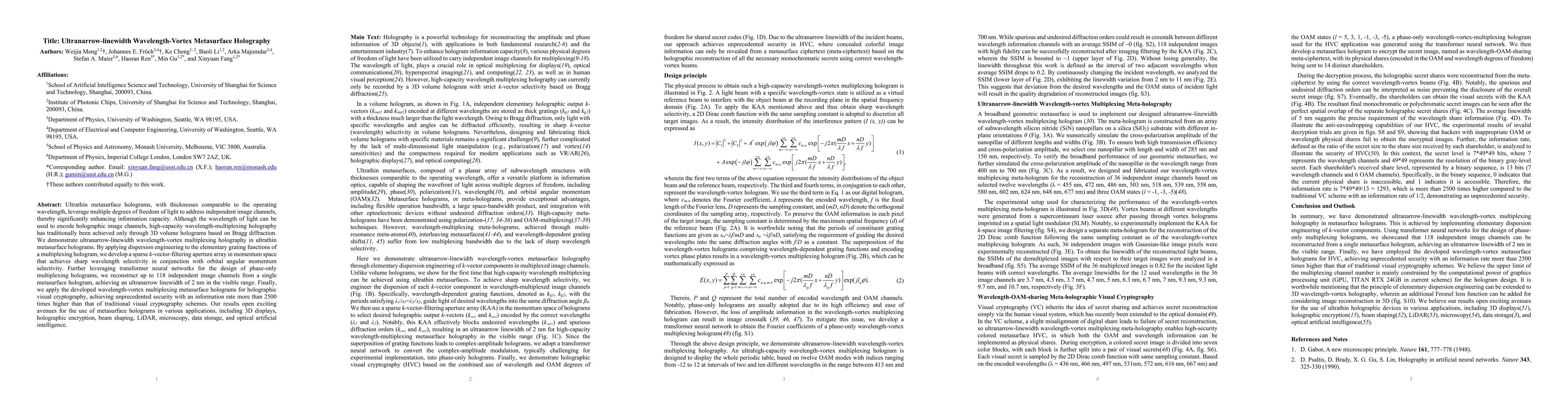 Thumbnail for Ultranarrow-linewidth Wavelength-Vortex Metasurface Holography