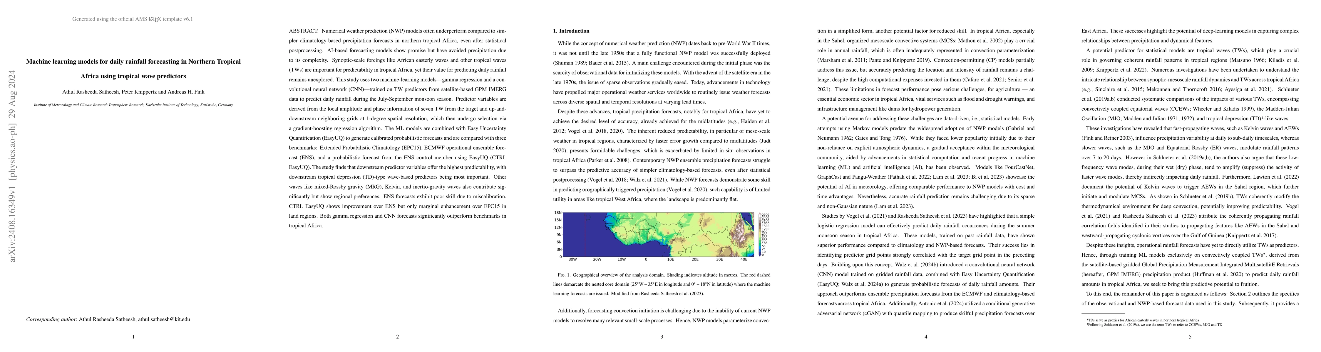 Thumbnail for Machine learning models for daily rainfall forecasting in Northern
  Tropical Africa using tropical wave predictors