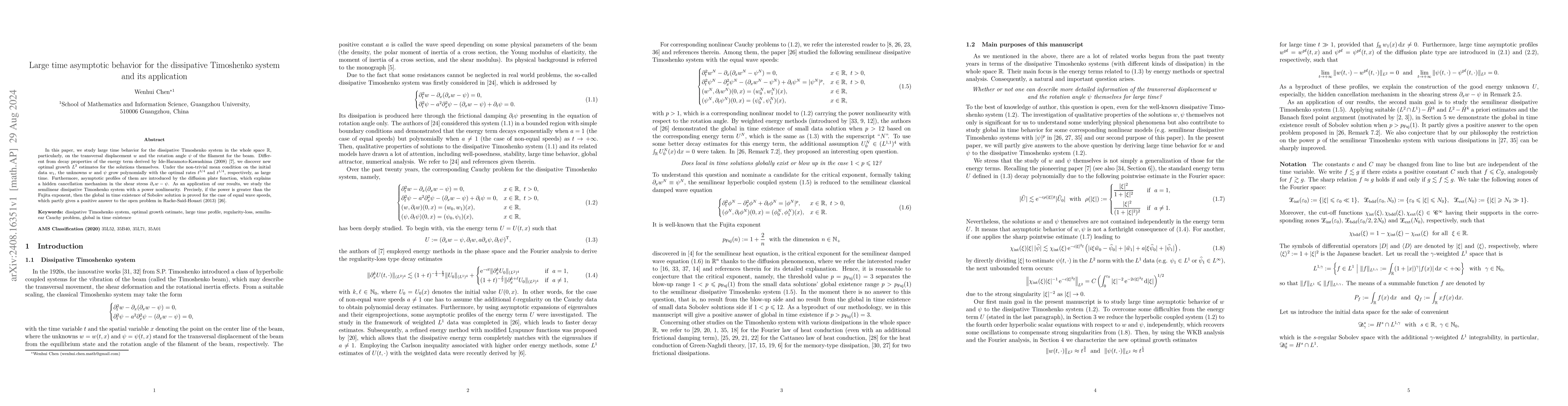 Thumbnail for Large time asymptotic behavior for the dissipative Timoshenko system and
  its application