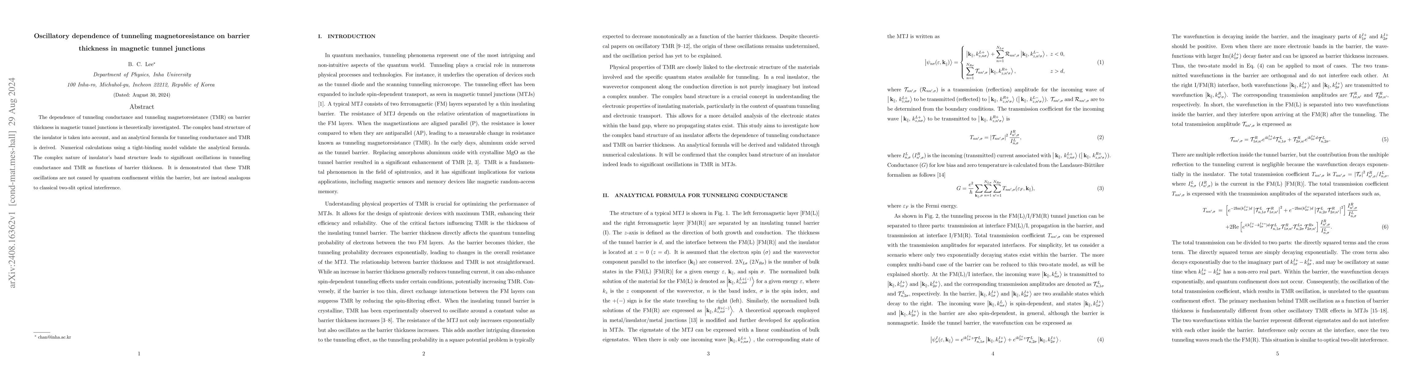 Thumbnail for Oscillatory dependence of tunneling magnetoresistance on barrier
  thickness in magnetic tunnel junctions