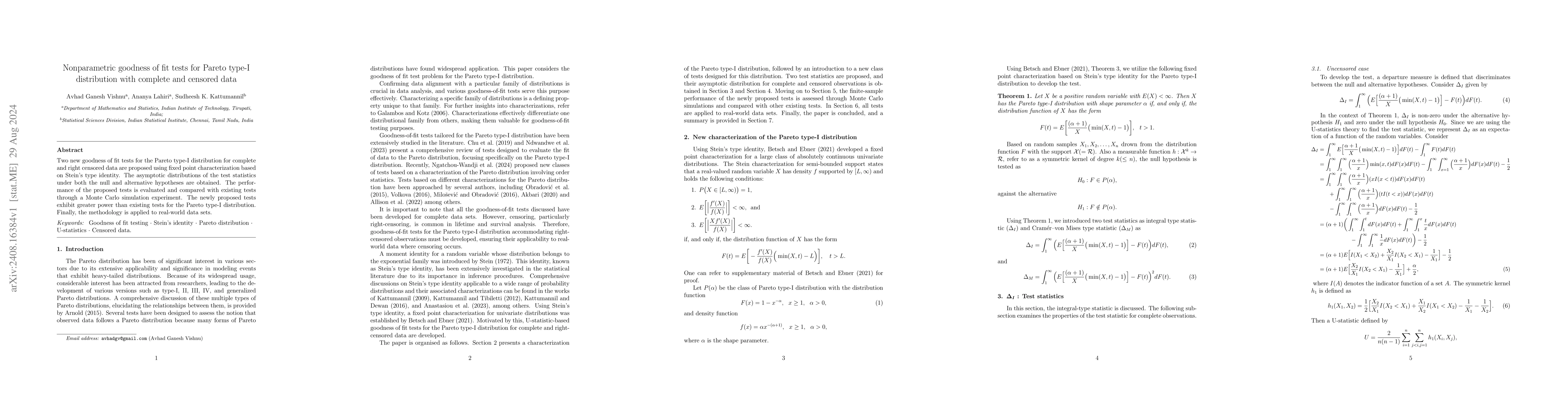 Thumbnail for Nonparametric goodness of fit tests for Pareto type-I distribution with
  complete and censored data