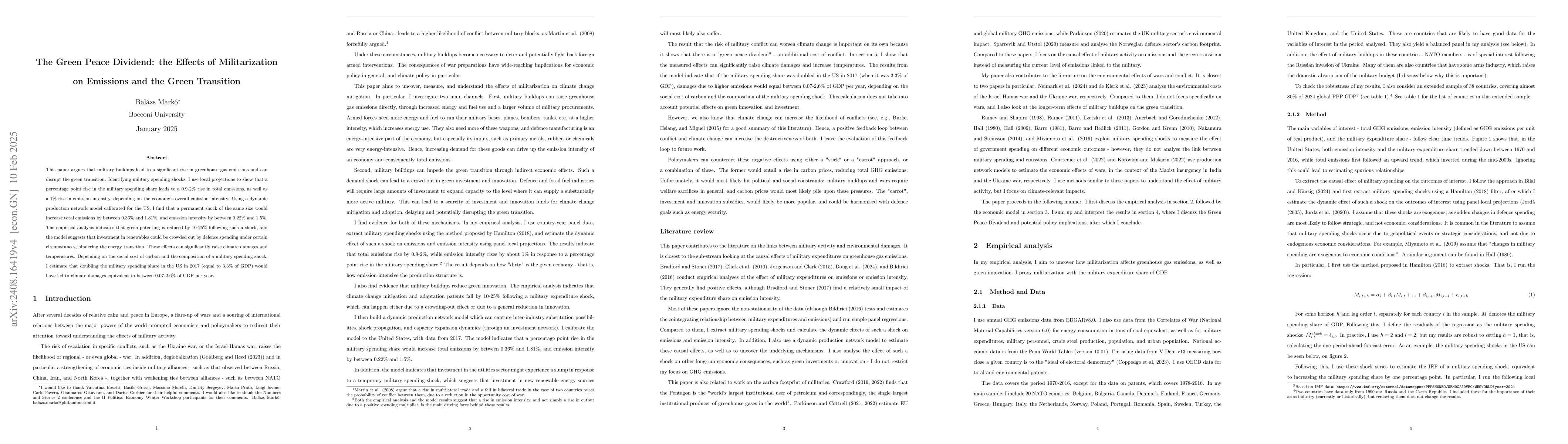 Thumbnail for The Green Peace Dividend: the Effects of Militarization on Emissions and
  the Green Transition