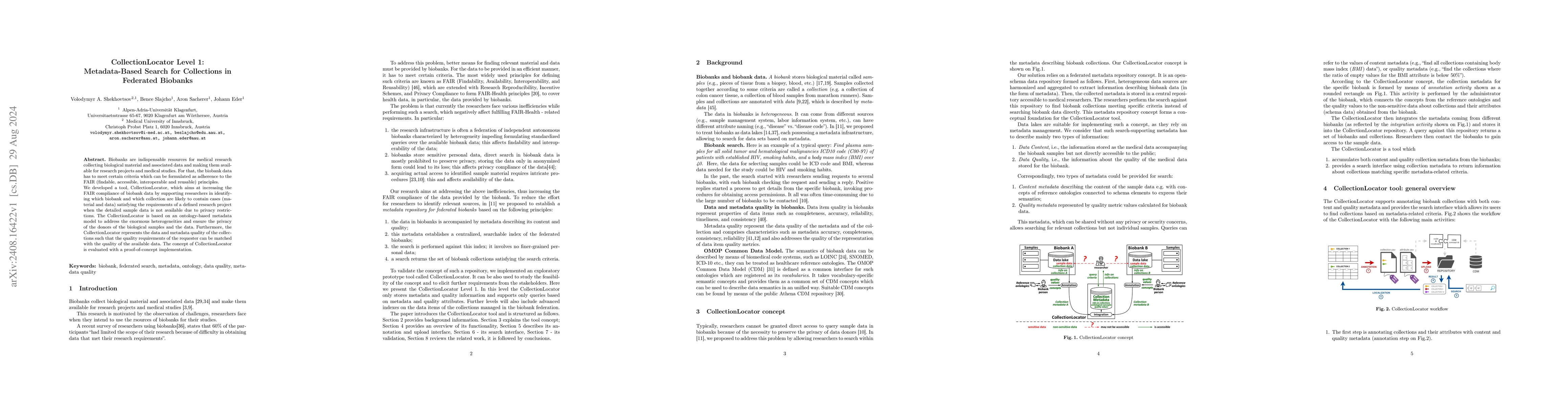 Thumbnail for CollectionLocator Level 1: Metadata-Based Search for Collections in
  Federated Biobanks