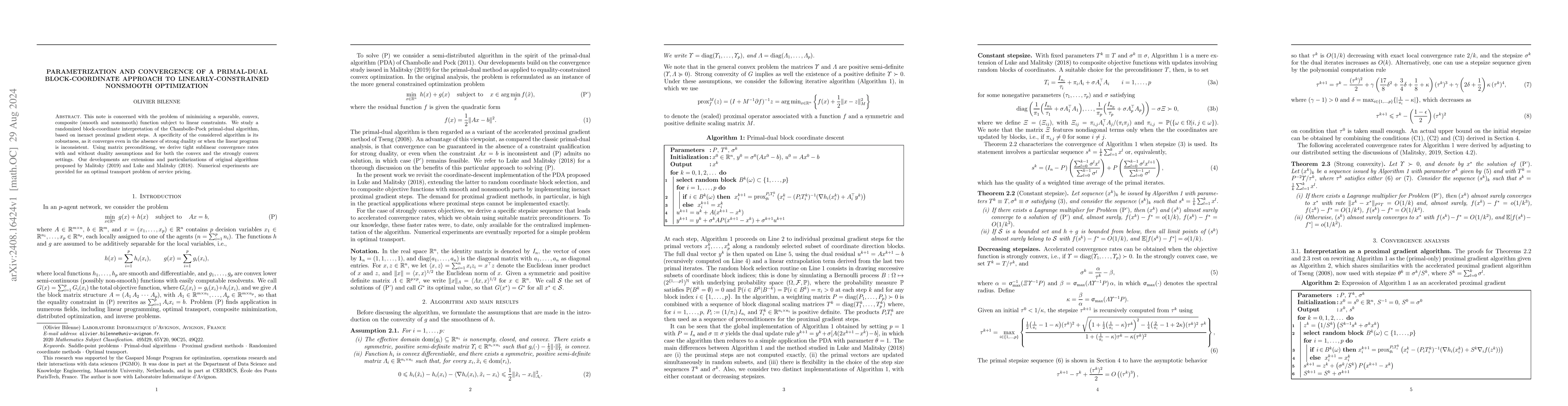 Thumbnail for Parametrization and convergence of a primal-dual block-coordinate
  approach to linearly-constrained nonsmooth optimization