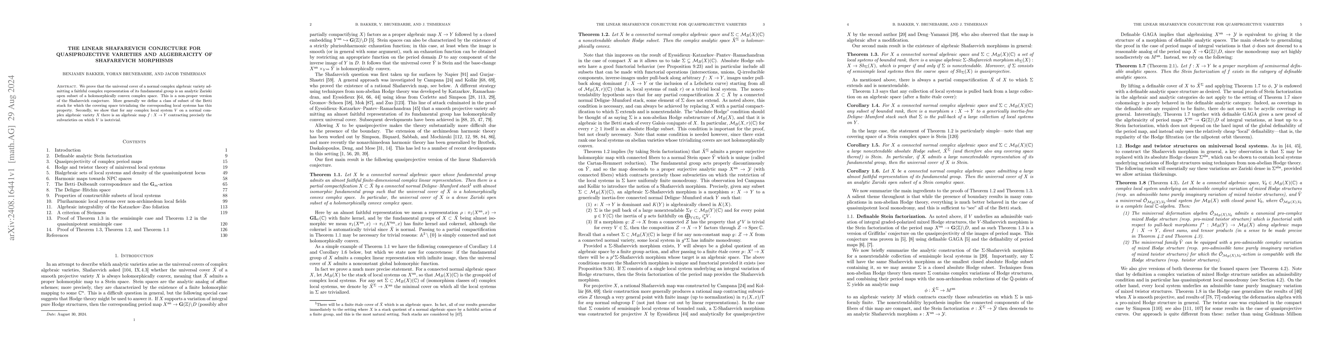 Thumbnail for The linear Shafarevich conjecture for quasiprojective varieties and
  algebraicity of Shafarevich morphisms
