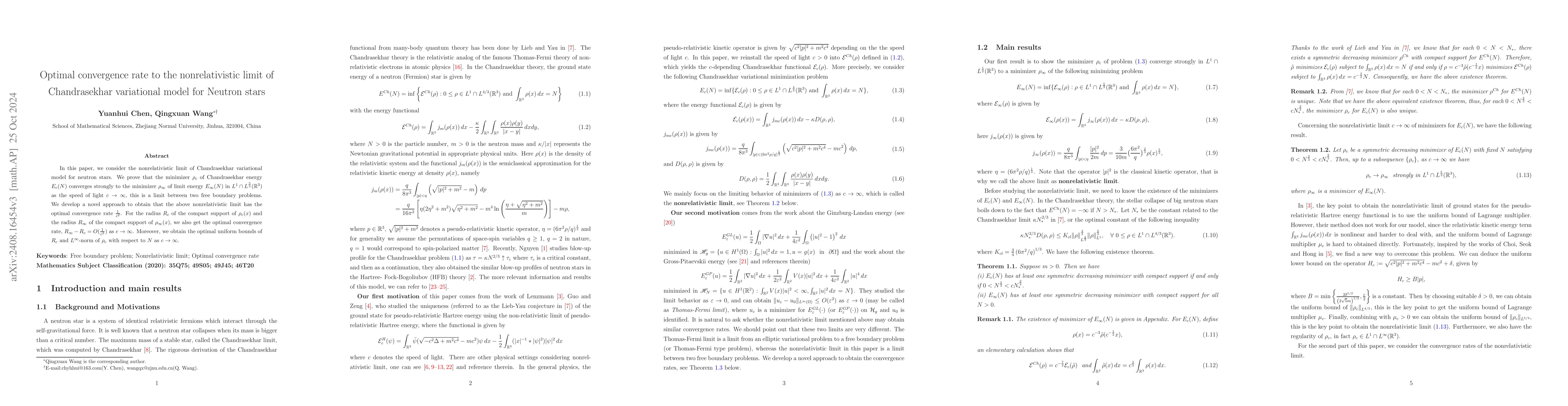Thumbnail for Optimal convergence rate to the nonrelativistic limit of Chandrasekhar
  variational model for Neutron stars
