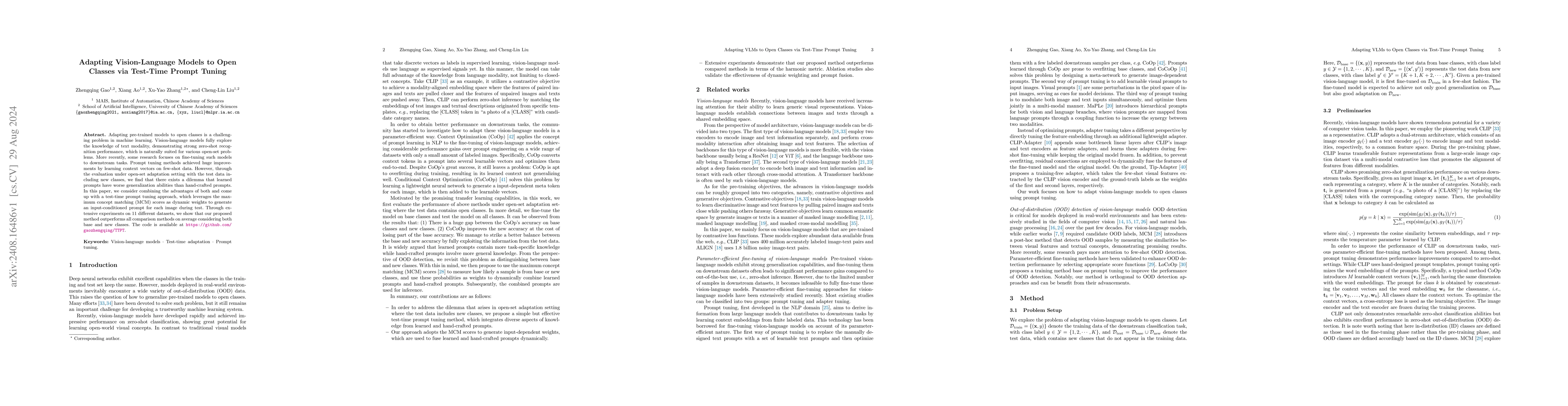 Thumbnail for Adapting Vision-Language Models to Open Classes via Test-Time Prompt
  Tuning