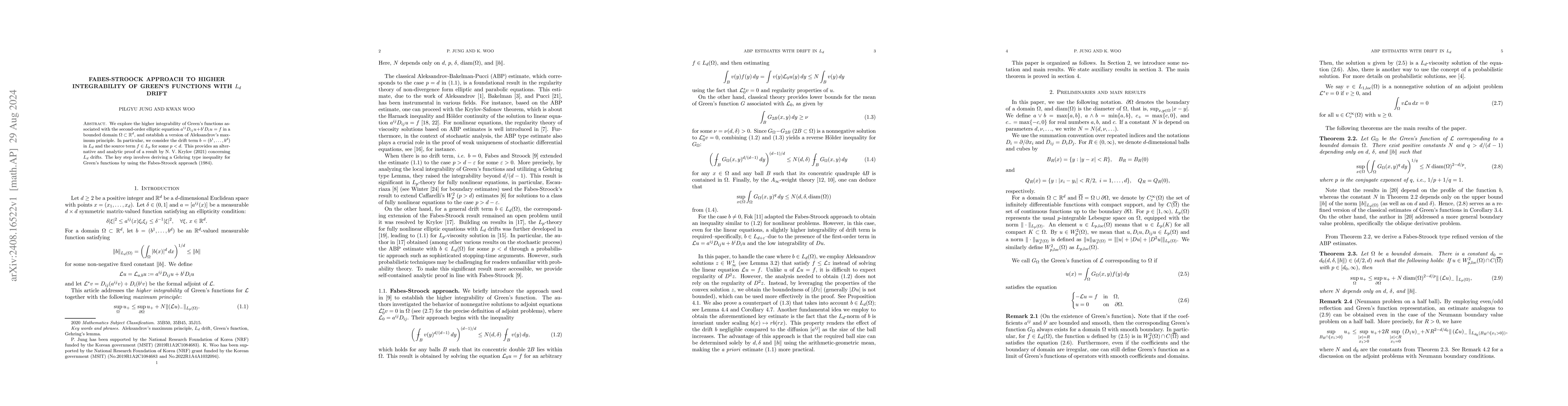 Thumbnail for Fabes-Stroock approach to higher integrability of Green's functions with
  $L_d$ drift