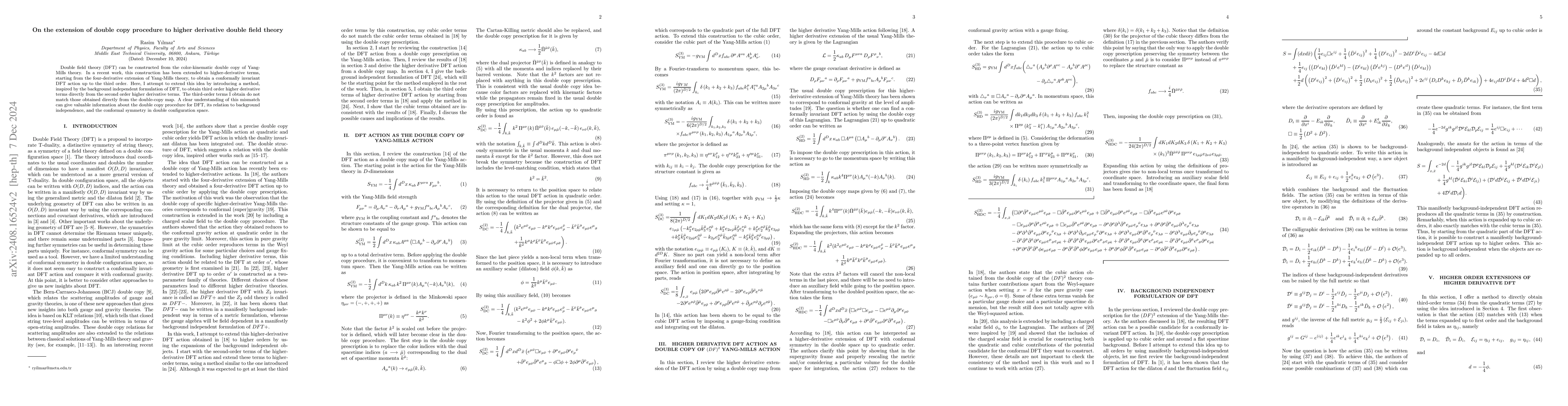 Thumbnail for On the extension of double copy procedure to higher derivative double
  field theory