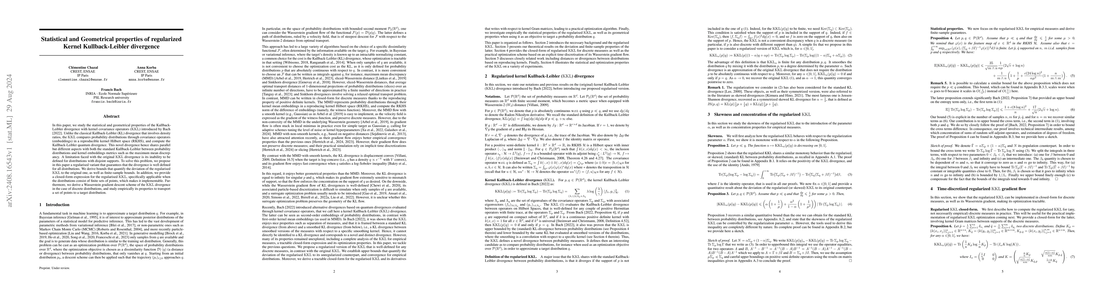 Thumbnail for Statistical and Geometrical properties of regularized Kernel
  Kullback-Leibler divergence
