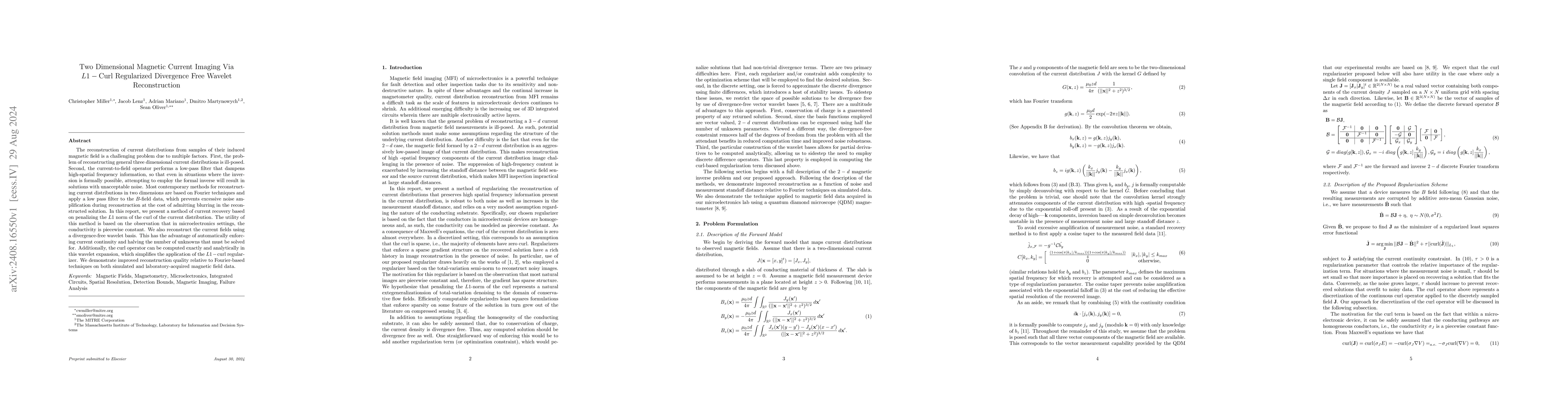 Thumbnail for Two Dimensional Magnetic Current Imaging Via L1-Curl Regularized
  Divergence Free Wavelet Reconstruction